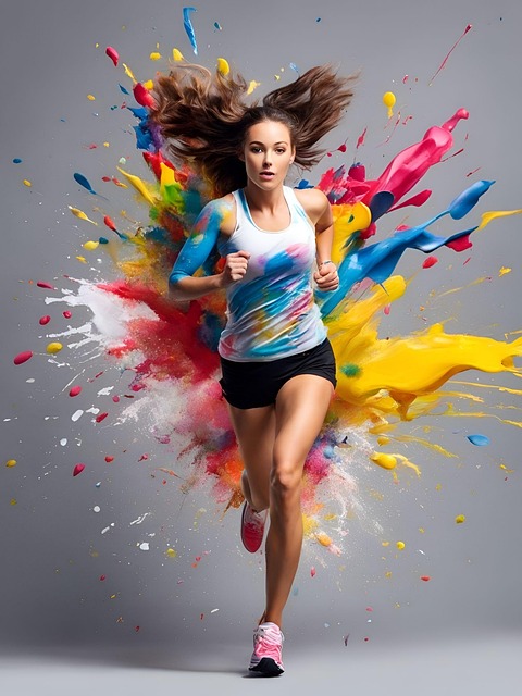 알록달록한 색채 폭발 속을 힘차게 달리는 여성, 능동적인 삶의 에너지를 상징하는 이미지