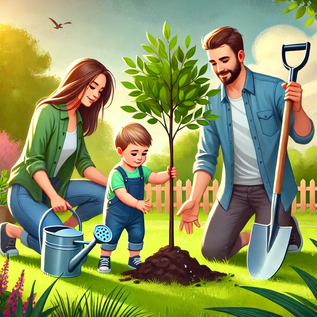 가족이 함께 나무를 심는 모습