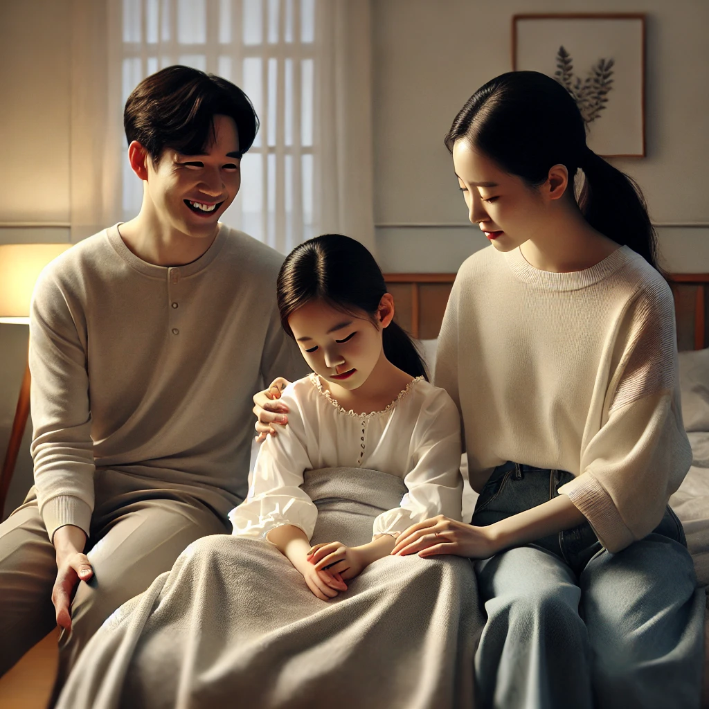 침실에서 나쁜 꿈을 꾸고 놀란 딸을 부모가 부드럽게 안심시키며 사랑으로 감싸주는 모습. 평화롭고 안전한 가족의 분위기