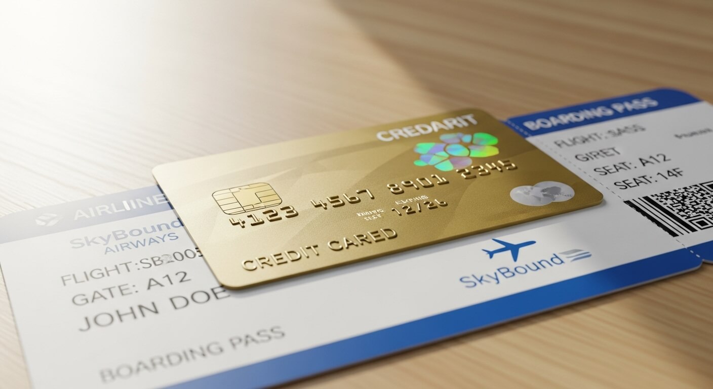 항공권 위에 올려진 금색 신용카드