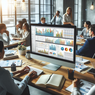 여러 명이 모여 데이터 분석 결과를 보며 회의하는 장면.