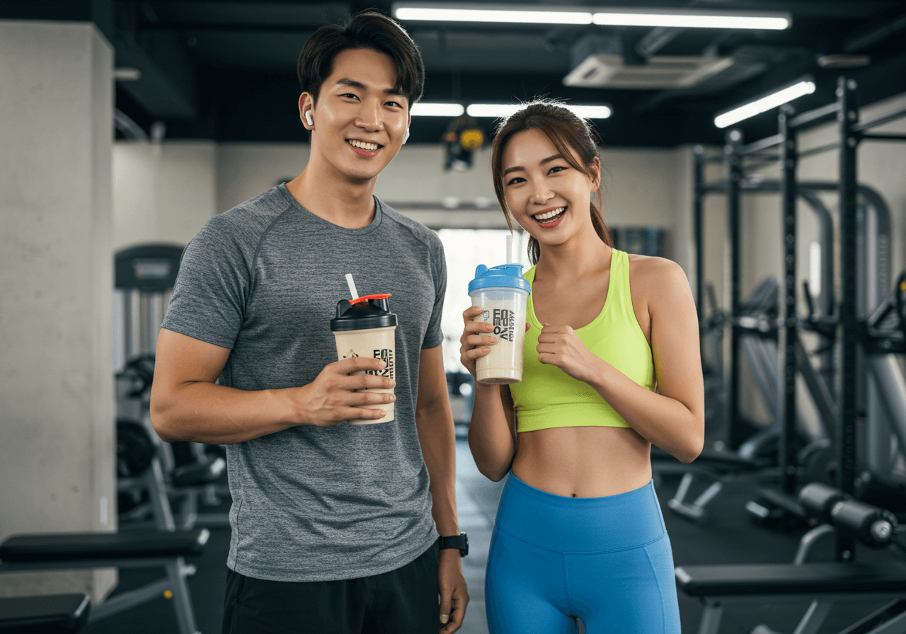 동하는 젊은 남녀가 헬스장에서 단백질 쉐이크를 들고 웃고 있는 모습