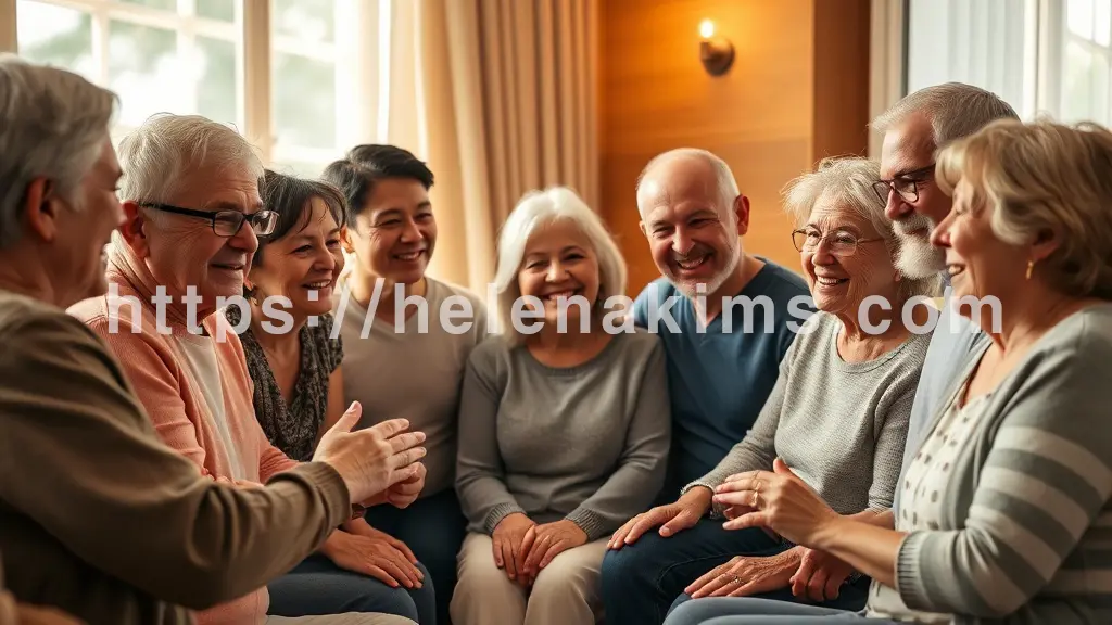 다양한 연령대의 사람들이 원형으로 모여 서로에게 귀 기울이며 온화하게 미소 짓는 모습.