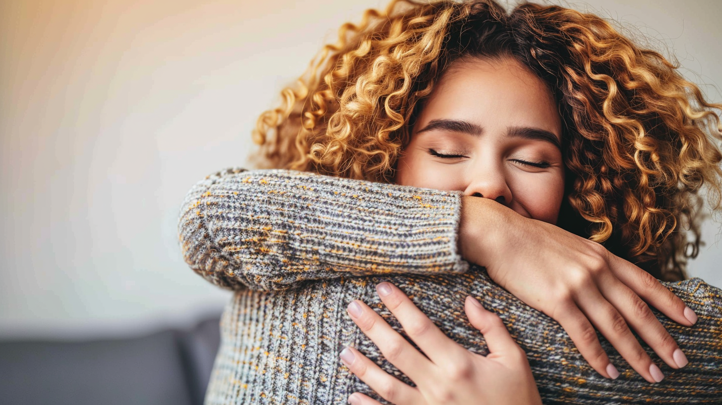 A woman embracing herself quietly, reflecting emotional pain caused by others' words
