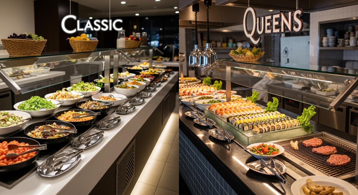 애슐리 클래식과 퀸즈 뷔페 라인의 메뉴를 비교하는 모습