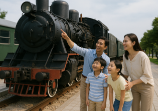 철도박물관에서 기차를 보면서 즐거워하는 가족