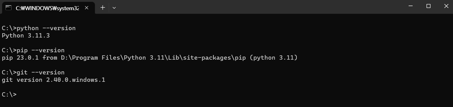 Python, pip, git의 설치 확인 과 버전 확인을 하는 CMD입니다.
