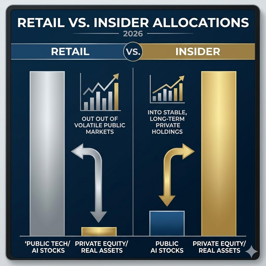 A professional digital board displaying a detailed infographic comparing RETAIL VS. INSIDER ALLOCATIONS for 2026. Charts and capital flow icons illustrate massive retail exposure to volatile PUBLIC TECH/AI STOCKS while Wall Street insiders aggressively accumulate stable, long-term PRIVATE EQUITY and REAL ASSETS for wealth stability.