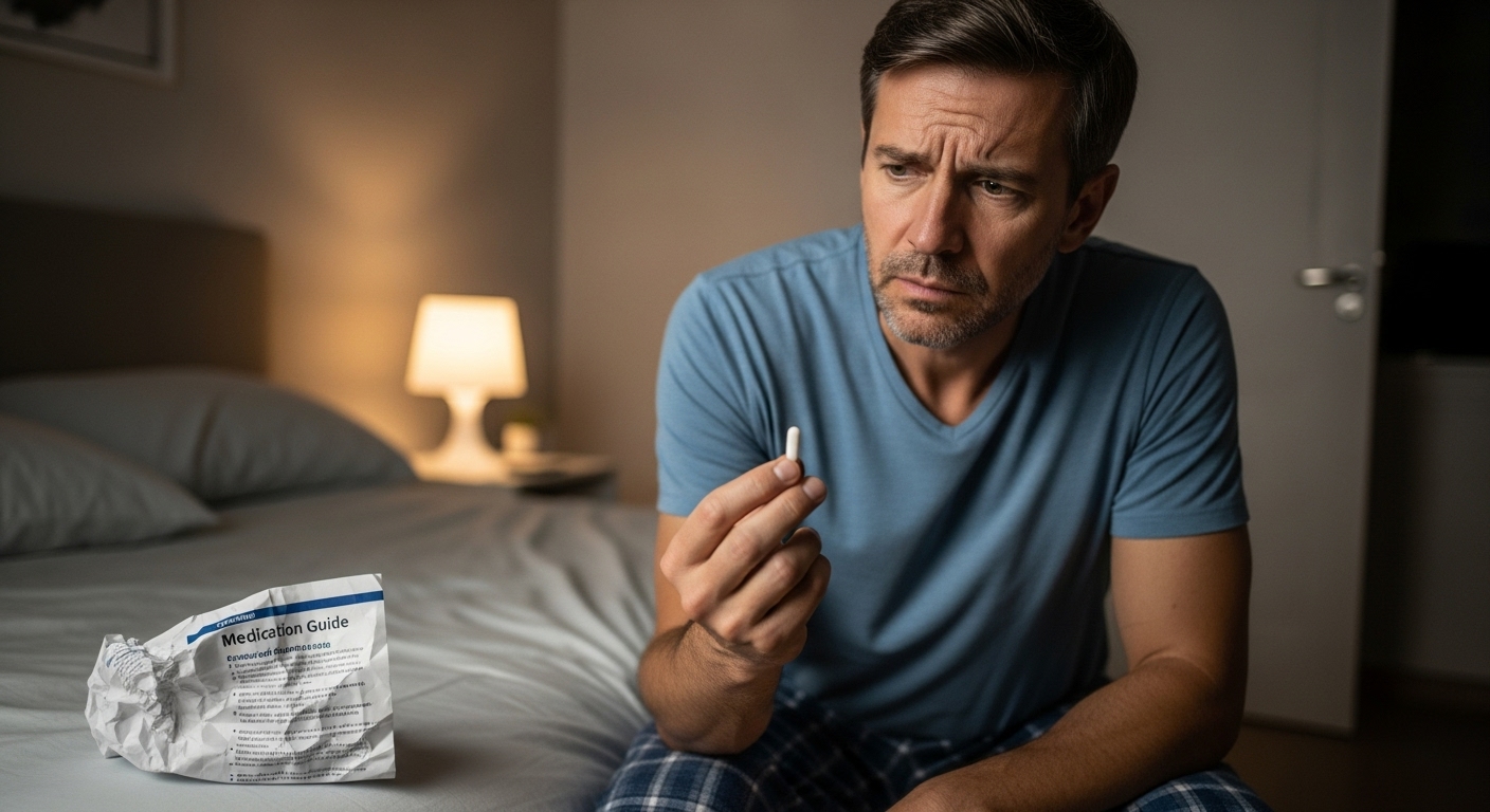 발기부전제 복용 전 부작용에 대해 심각하게 생각하는 남성의 모습