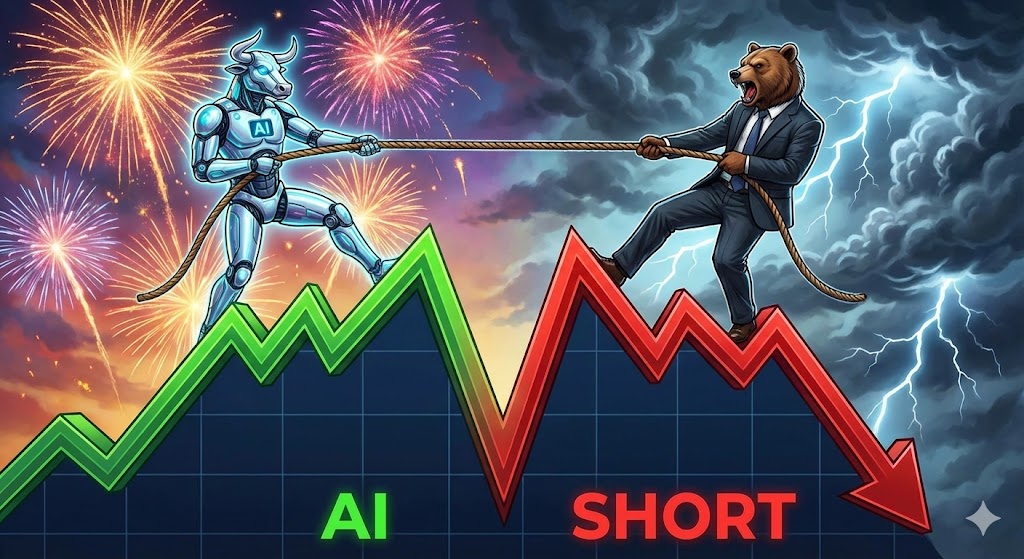 V자로 급반등하는 나스닥 차트 위에서 'AI 로봇(강세론)'과 '마이클 버리(하락론)'가 줄다리기를 하는 모습