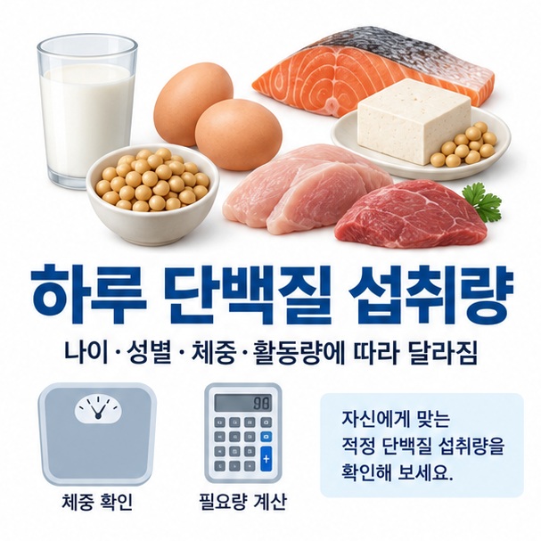 하루 단백질 섭취량과 달걀 생선 두부 콩 고기를 함께 보여주는 교육용 이미지