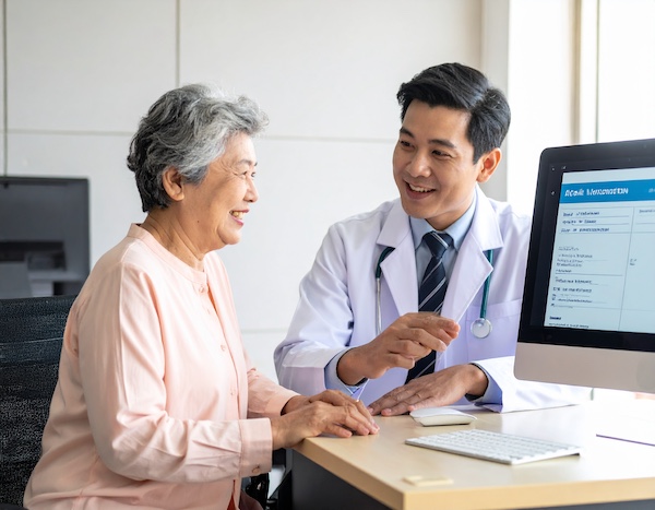 어르신에게 예방접종 주의사항을 설명하는 의사