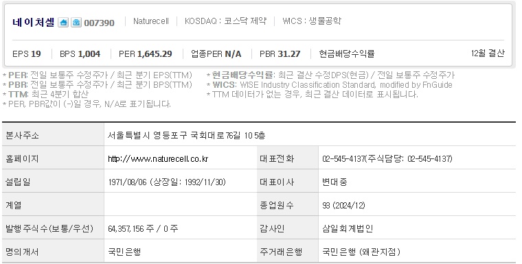 네이처셀 주가 기업개요 (0415)