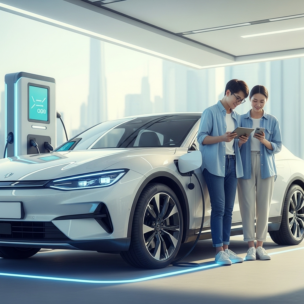 전기차 충전소에서 미소를 짓고 있는 사람과 전기차. 태블릿을 들고 서류 작업이 쉬웠음을 암시하는 행복한 표정을 짓고 있다.