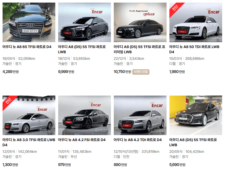 아우디 A8 중고차 가격