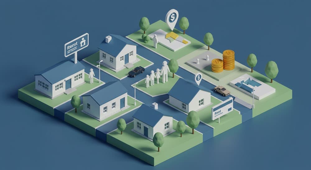 소도시 블록 위에 다양한 주택 모듈과 가족 수를 상징하는 피규어 아이콘