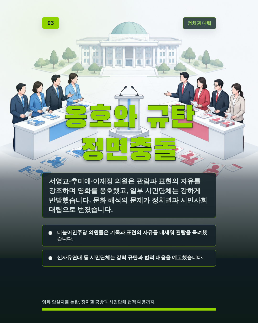 옹호와 규탄 정면충돌