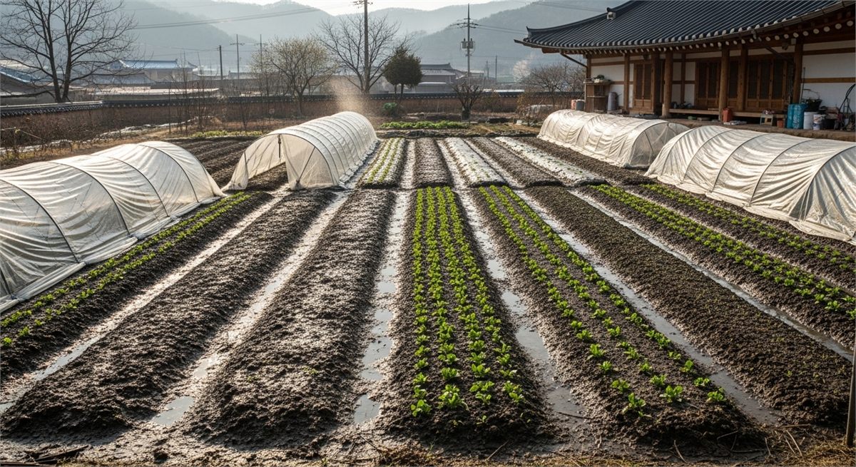 물주기와 간단한 보온 관리가 된 봄 텃밭 전경