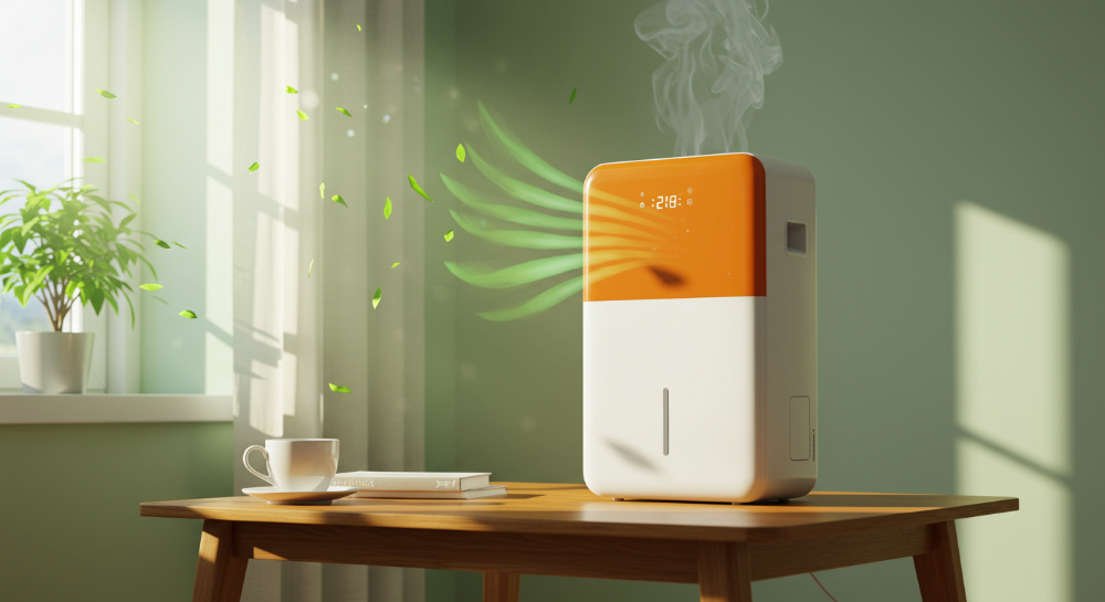 쾌적한 거실에 최적의 위치에 설치된 현대적인 제습기. 벽에서 30cm 이상 떨어져 1m 높이 탁자 위에 놓여 있으며, 창문이 살짝 열려 있어 환기를 암시합니다.