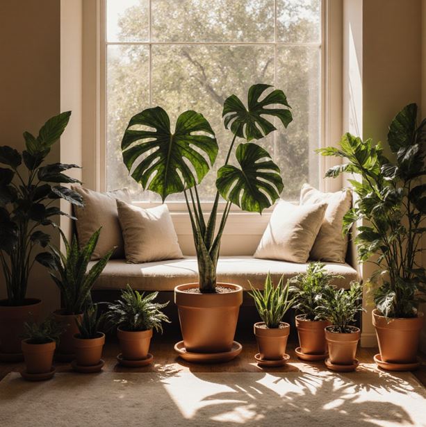 따뜻한 자연광이 들어오는 창가에 몬스테라 델리시오사, 좌우로 산세베리아, 포토스, 고무나무 등의 화분들이 놓여 있다.