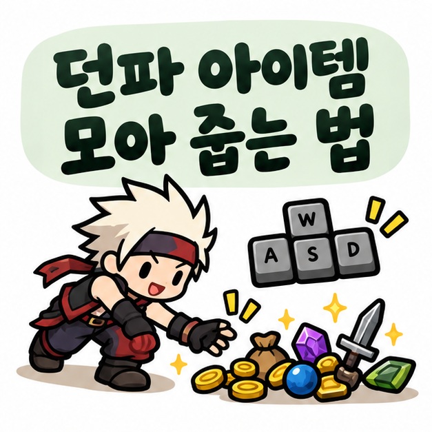 던전앤파이터 캐릭터 발밑으로 여러 아이템이 모이는 장면 옆에 던파 아이템 모아 줍는 법이라는 제목이 크게 적힌 대표 썸네일