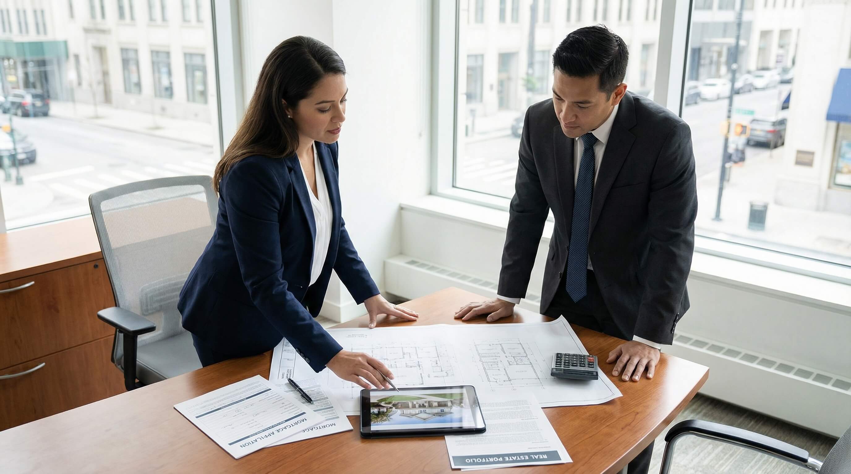 銀行の融資相談窓口、ビジネスマンとの面談シーン、プロフェッショナルな雰囲気