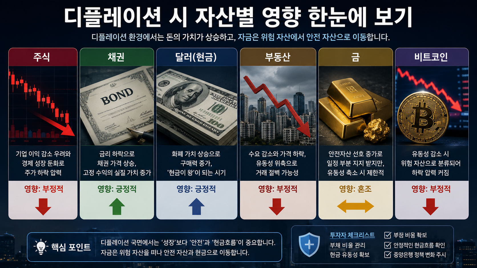 Comparison of how deflation affects stocks, bonds, cash, real estate, gold, and Bitcoin across different asset classes.
