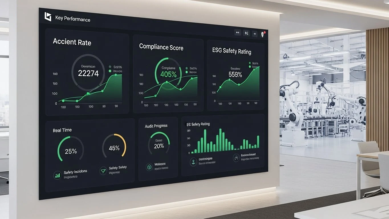 CEO 사무실의 대시보드에 표시되는 2026년 산업안전보건법 관련 데이터. 사고율, 법규 준수 점수, ESG 안전 등급 등 핵심 안전 경영 지표가 긍정적으로 나타나고 있음.