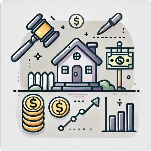 부동산 경매의 상징인 망치, 건물이 있는 토지, 동전, 투자 화살표 등이 배치되어 있음