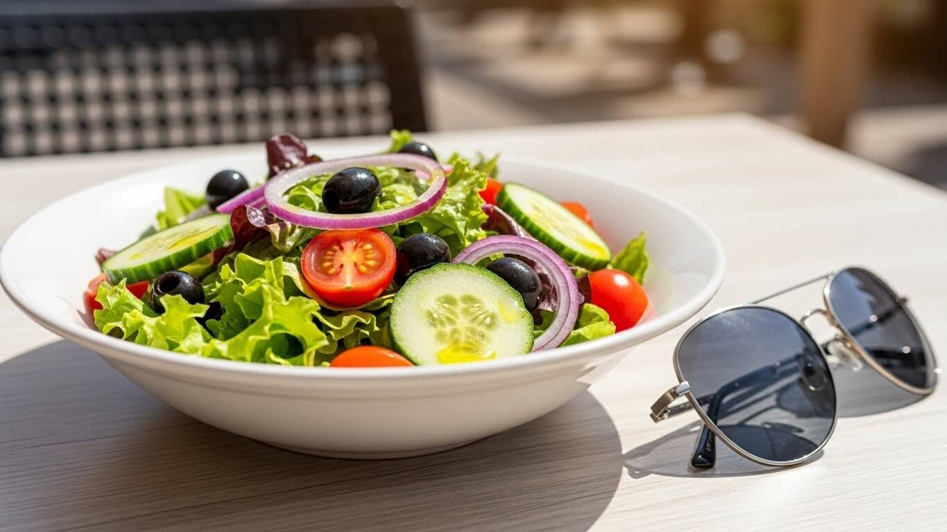 눈 건강 예방을 위한 건강한 식단과 자외선 차단 선글라스 이미지