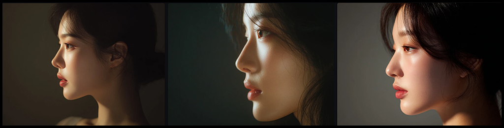 시네마틱 프로필, 어두운 배경 속에서 측면을 응시하는 한국 여성 모델, 고독하고 차분한 실루엣 이미지_Midjourney