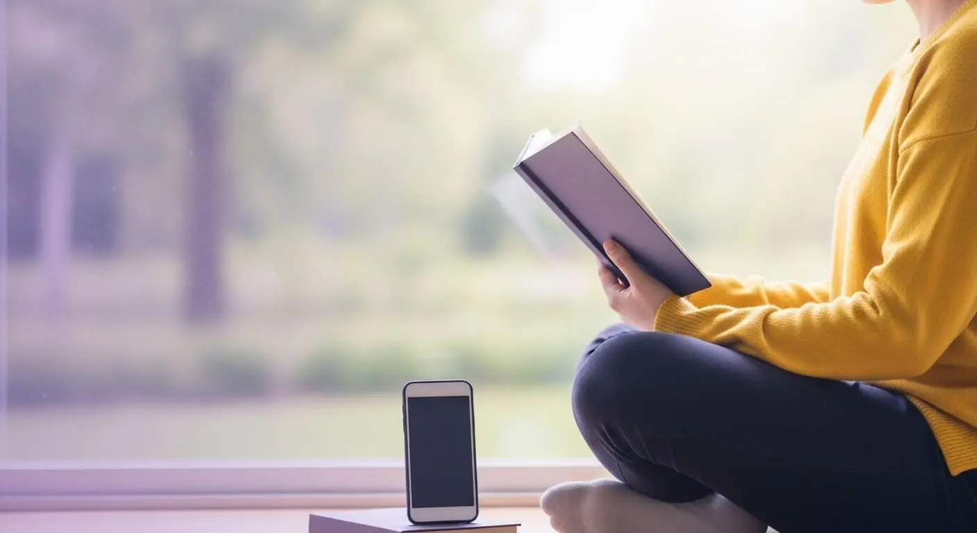 창가에 앉아 휴대전화를 멀리 두고 책을 읽거나 명상하며 평온한 시간을 보내는 사람의 모습. 디지털 디톡스를 통한 뇌의 휴식을 상징.