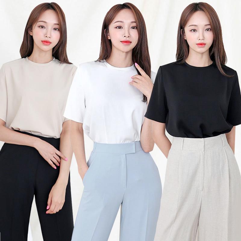 더웨이나인 찰랑 여성티블라우스 여자 여름 라운드 블라우스 반팔 기본 실키