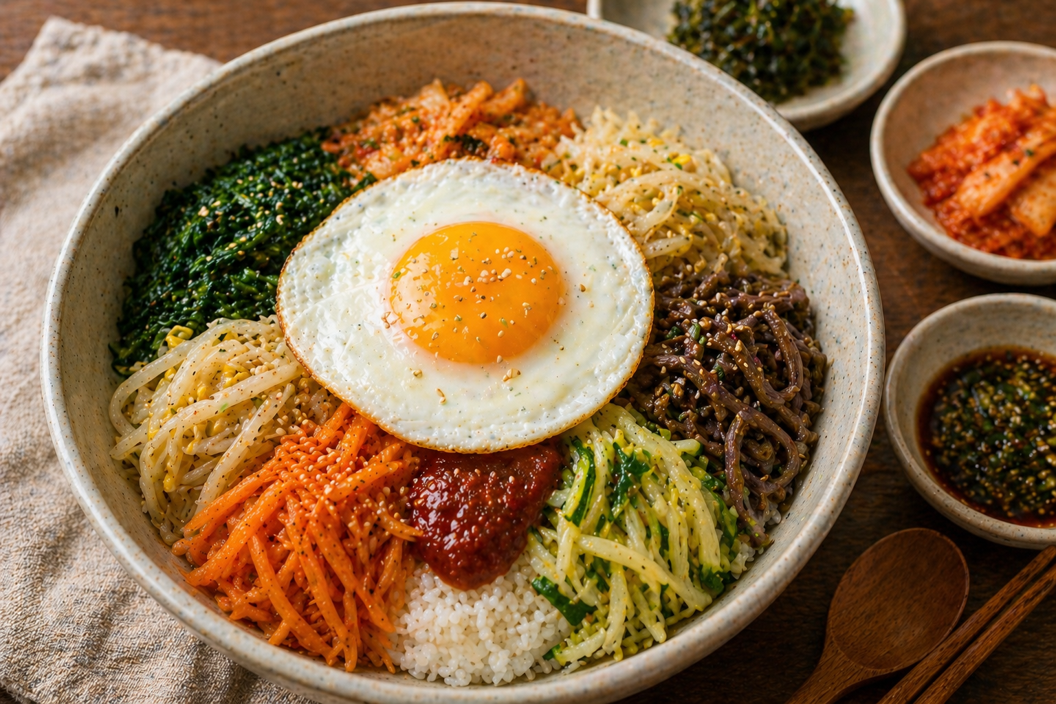 나물 반찬과 계란 프라이를 올린 영양 가득한 비빔밥 한 그릇