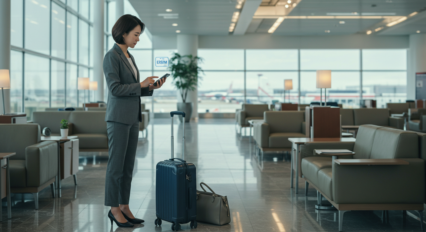 공항 라운지에서 eSIM 설정 중인 디지털 노마드