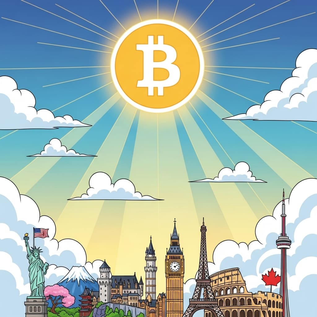 G7 국가들 위에 환하게 빛나는 비트코인