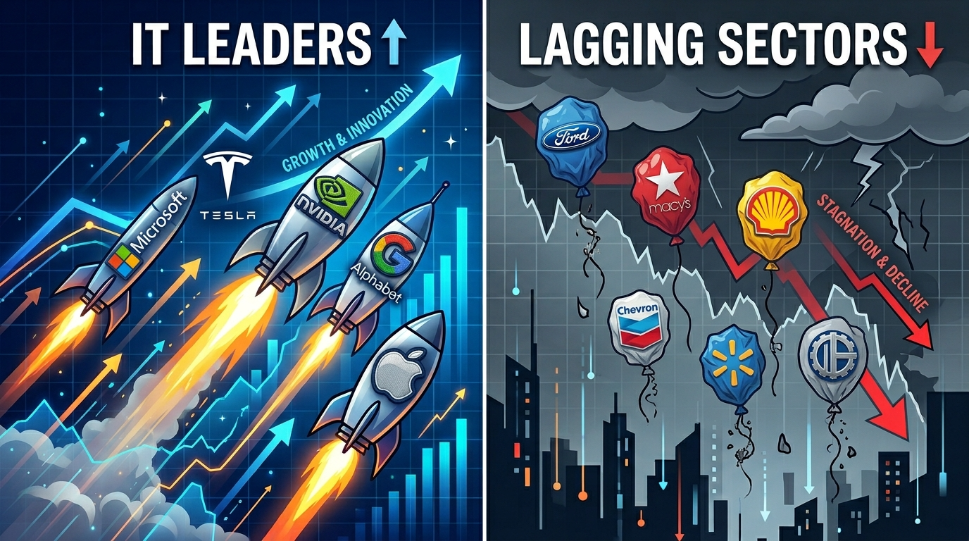 테슬라(TSLA), 마이크로소프트(MSFT) 차트는 급상승하지만, 부진한 섹터는 하락하는 '실적 양극화' 인포그래픽