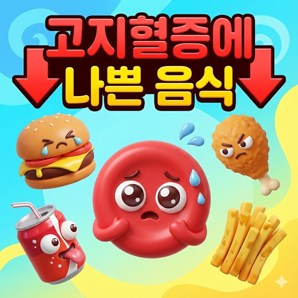 고지혈증에 나쁜 음식들이 혈관 속을 떠다니는 귀여운 3D 카툰 일러스트. 아파 보이는 혈액 세포 캐릭터와 함께 햄버거, 콜라, 치킨 등 유해한 음식들이 그려져 건강 관리의 중요성을 강조합니다.