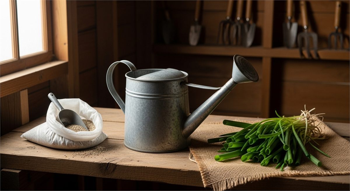 비료와 물조리개&amp;#44; 쪽파 잎으로 관리 포인트를 상징한 장면 