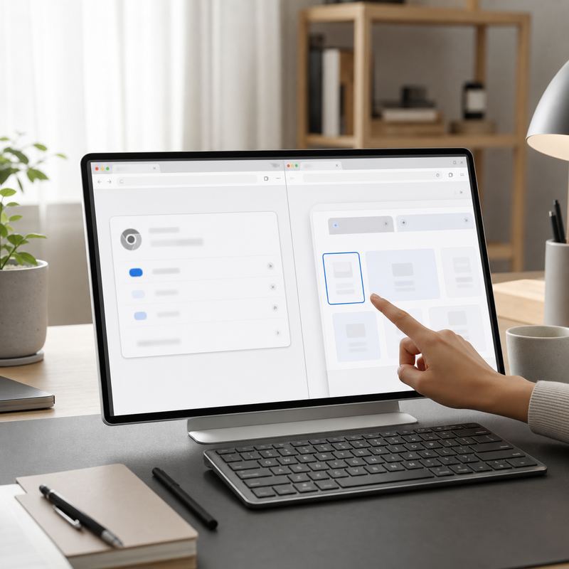 크롬 Chrome 정보 화면과 새 분할 보기에 탭 추가 메뉴를 나란히 배치한 안내 이미지