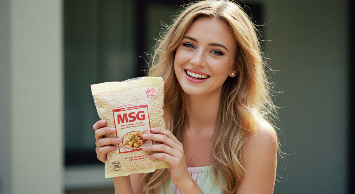 msg봉지를 들고 웃고있는 백인여성