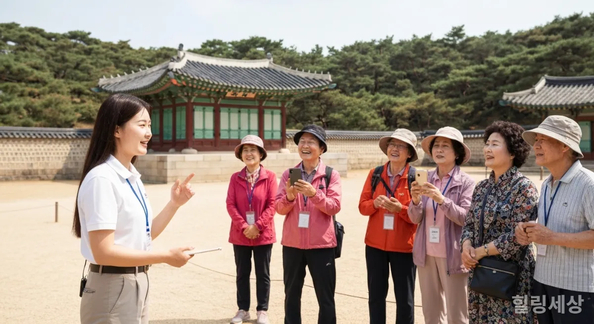 패키지여행으로 경주 궁궐 정원을 둘러보는 한국인 시니어 단체