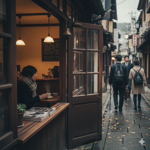 일본 가나자와 골목 카페 풍경, 창가에 앉아 커피를 마시는 사람과 바깥 골목을 지나가는 행인들이 함께 보이는 장면