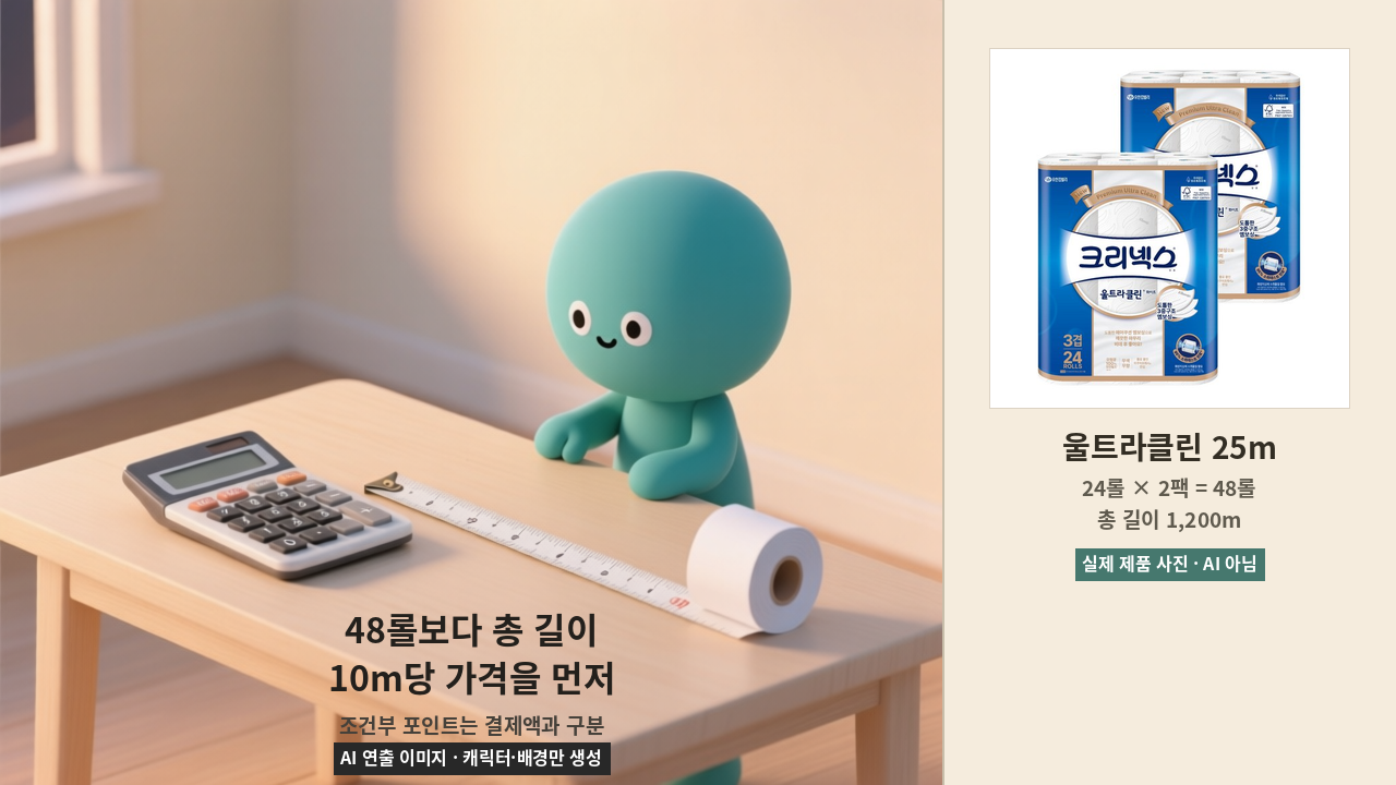크리넥스 울트라클린 25m 24롤 2팩 실제 상품 사진과 48롤 총 1,200m 단위가격을 비교하는 AI 연출 이미지