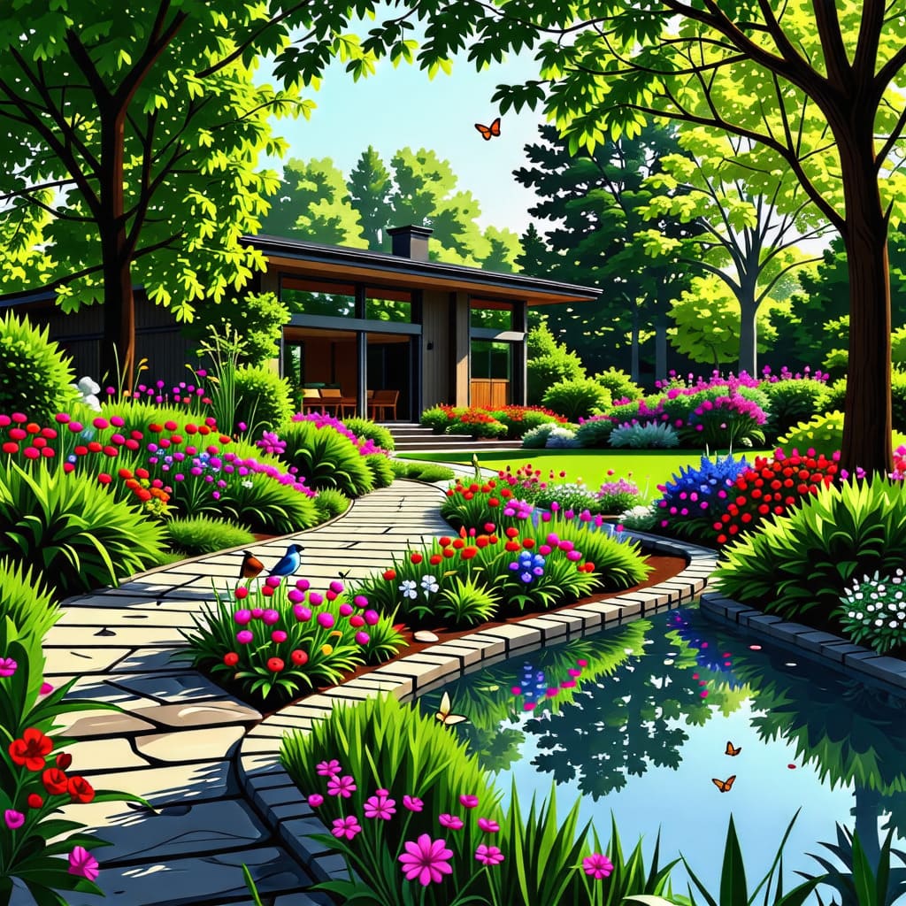 단독주택 주변의 정원과 조경을 담은 이미지로&amp;#44; 자연과의 조화를 강조합니다. 