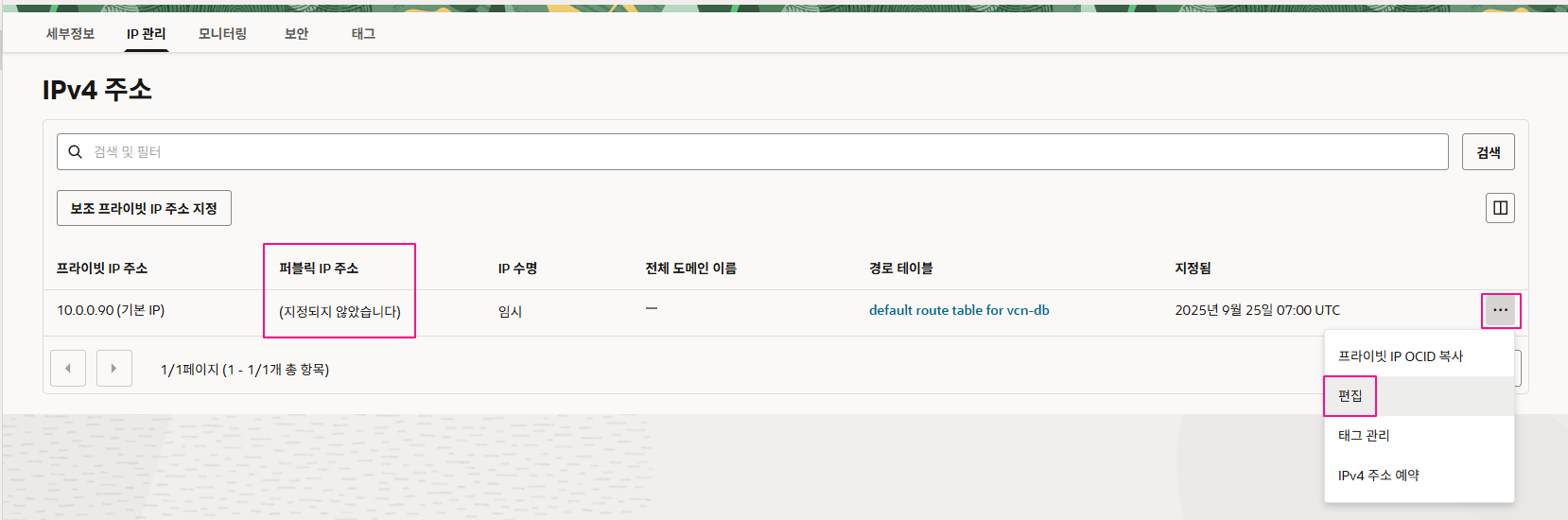 퍼블릭 IP 주소 칸에 (지정되지 않았습니다}가 표시됩니다. IPv4 주소 리스트에서 IP주소 레코드 우측 [●●●] 미트볼 버튼 클릭 후 [ 편집 ] 메뉴 클릭