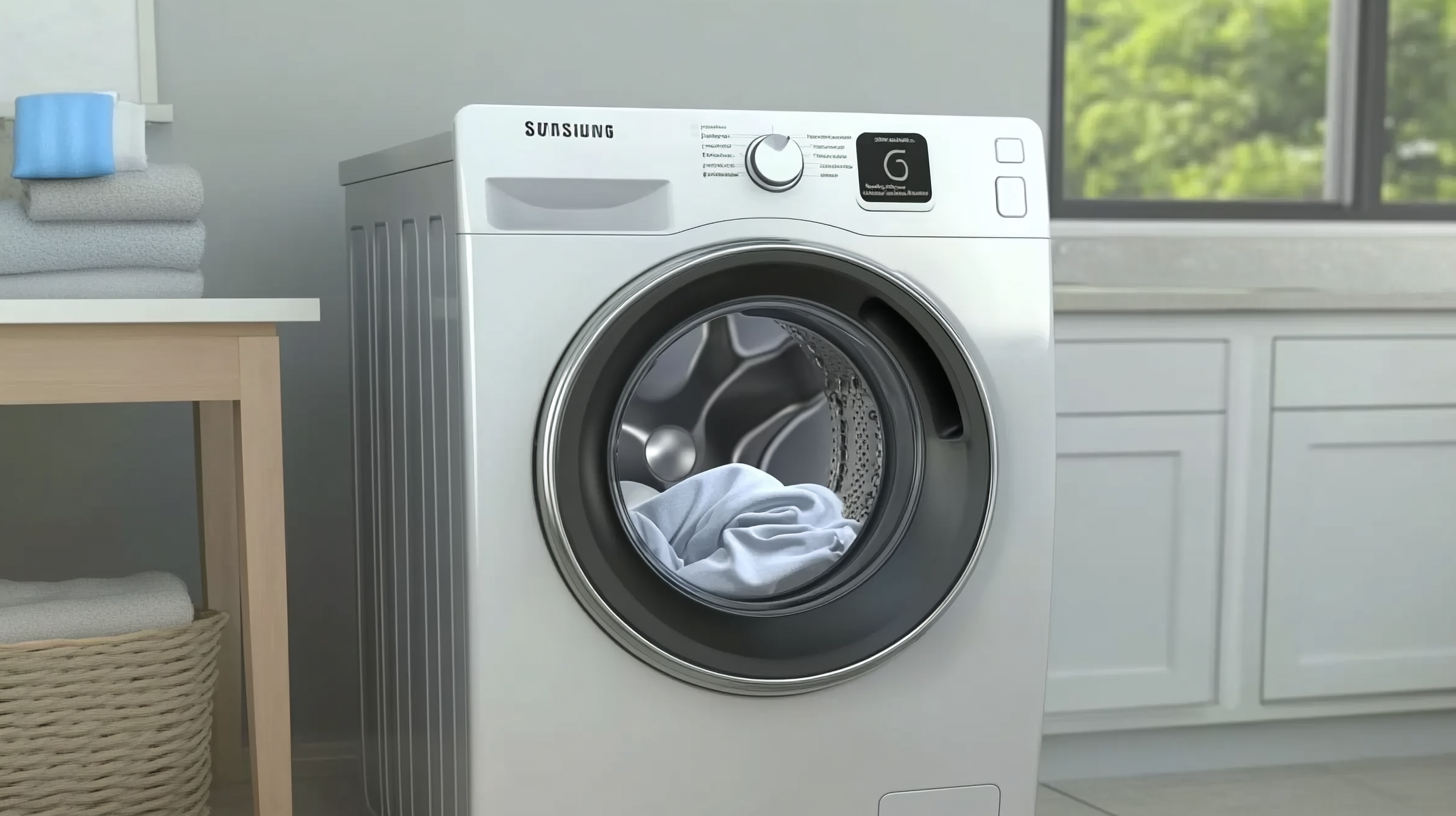 조용한 현대식 세탁실에서 울트라 저소음 스핀 사이클을 작동 중인 삼성 WF2522HDEEA의 모습.
