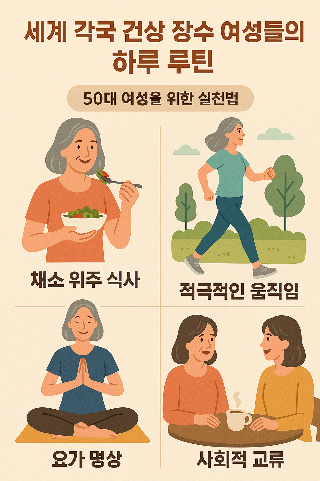 세계 각국 건강 장수 여성들의 하루 루틴: 50대 여성을 위한 실천법
