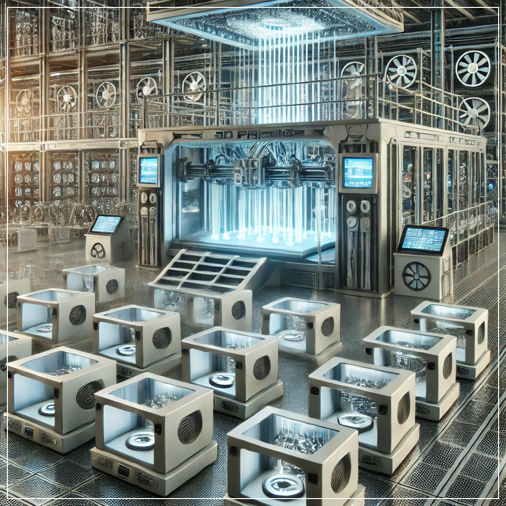 미래형 3D 프린팅 공장에서 첨단 산업 부품을 제작하는 모습