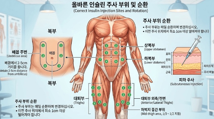 인슐린 주사 부위인 복부 배꼽 주변 및 허벅지와 팔 피하지방층 위치 안내 일러스트